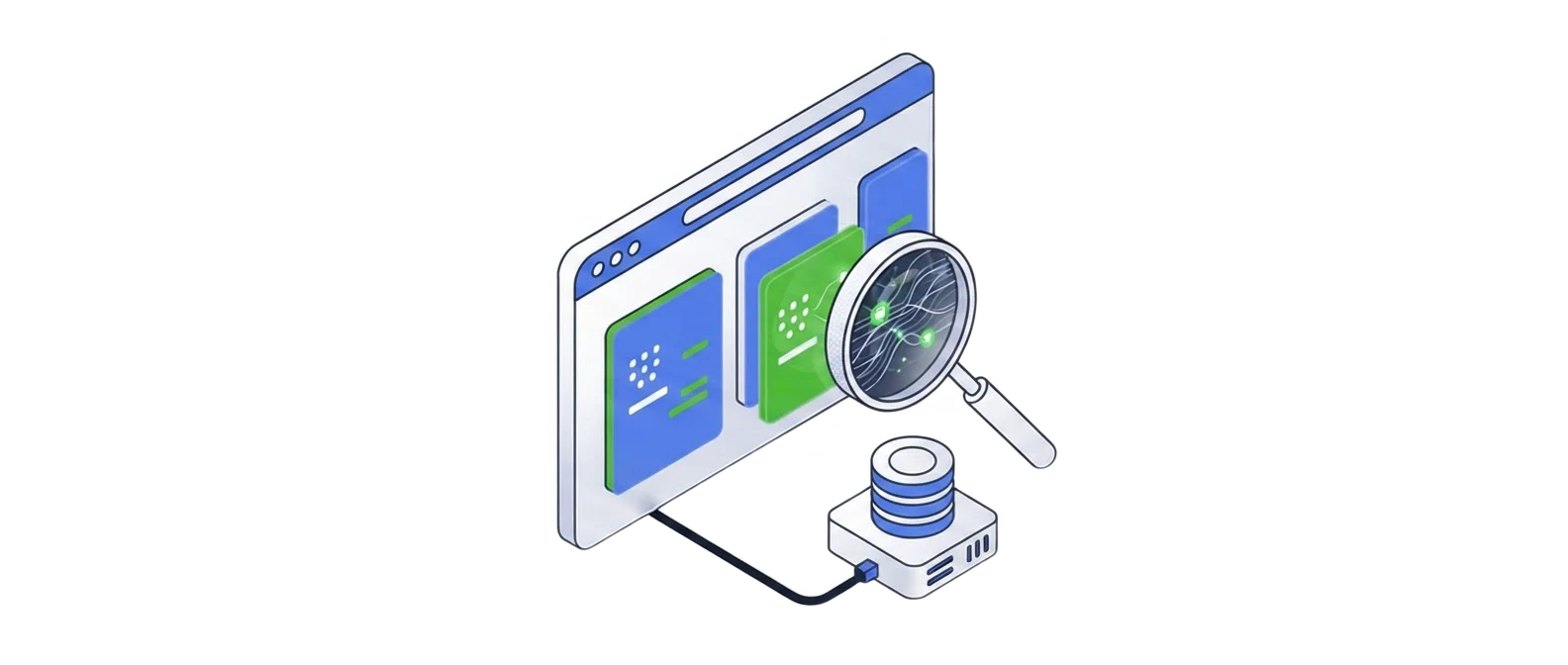 Illustration of a CMS with plugins, custom modules and a connected database under examination.