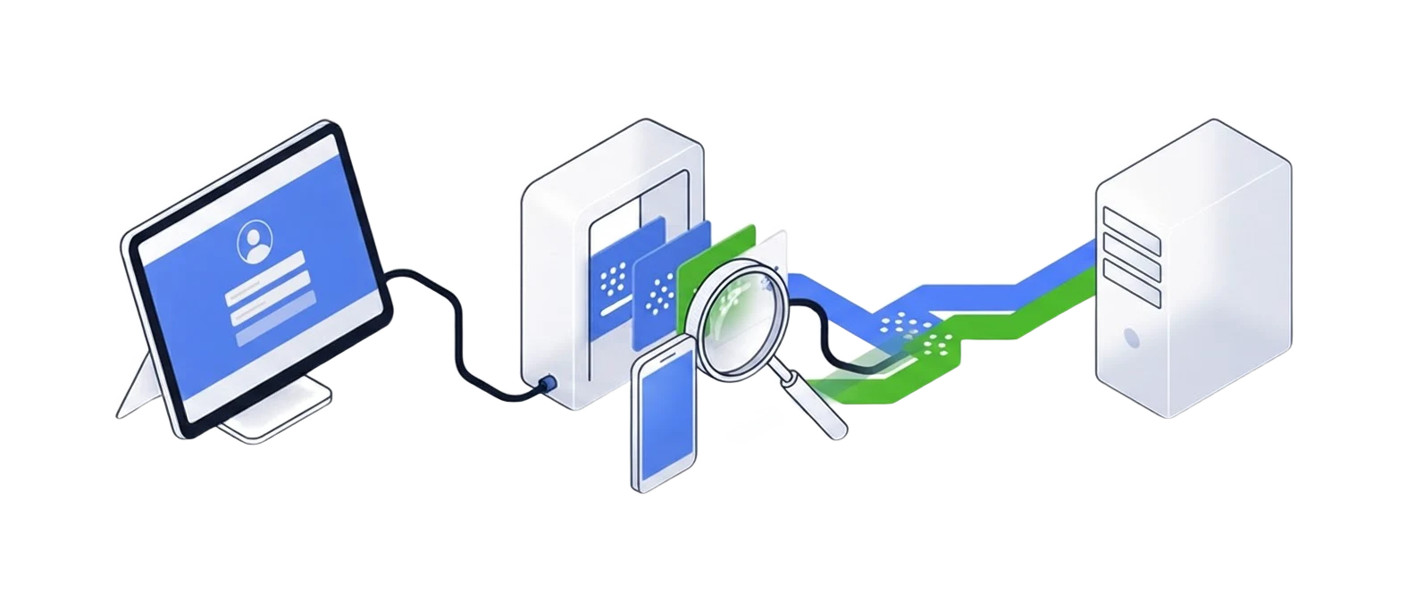 Illustratie van een inlogproces met een authenticatiemiddel en onderzoek van de toegang tot een applicatie.