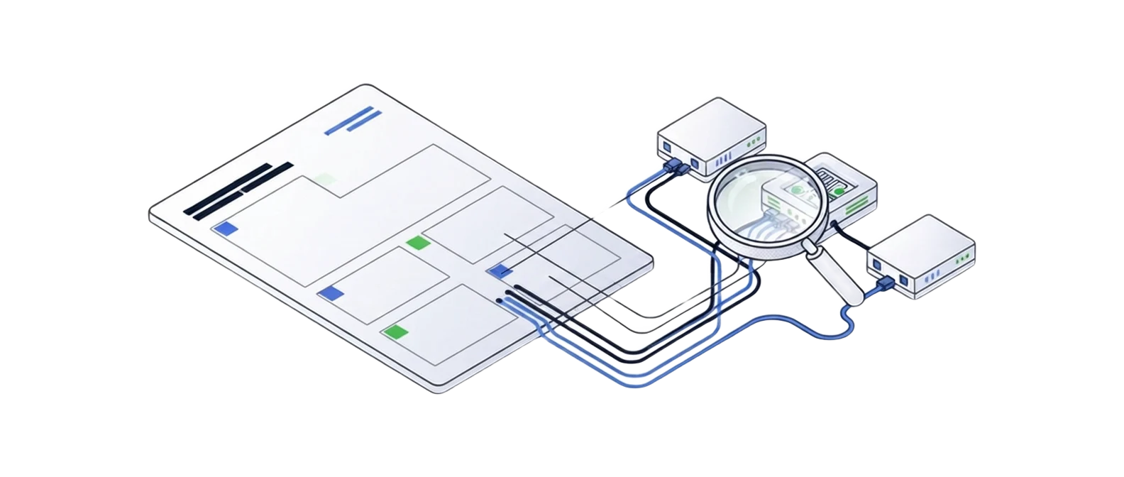 Illustratie van technische controles en bevindingen die worden gekoppeld aan een auditrapport.