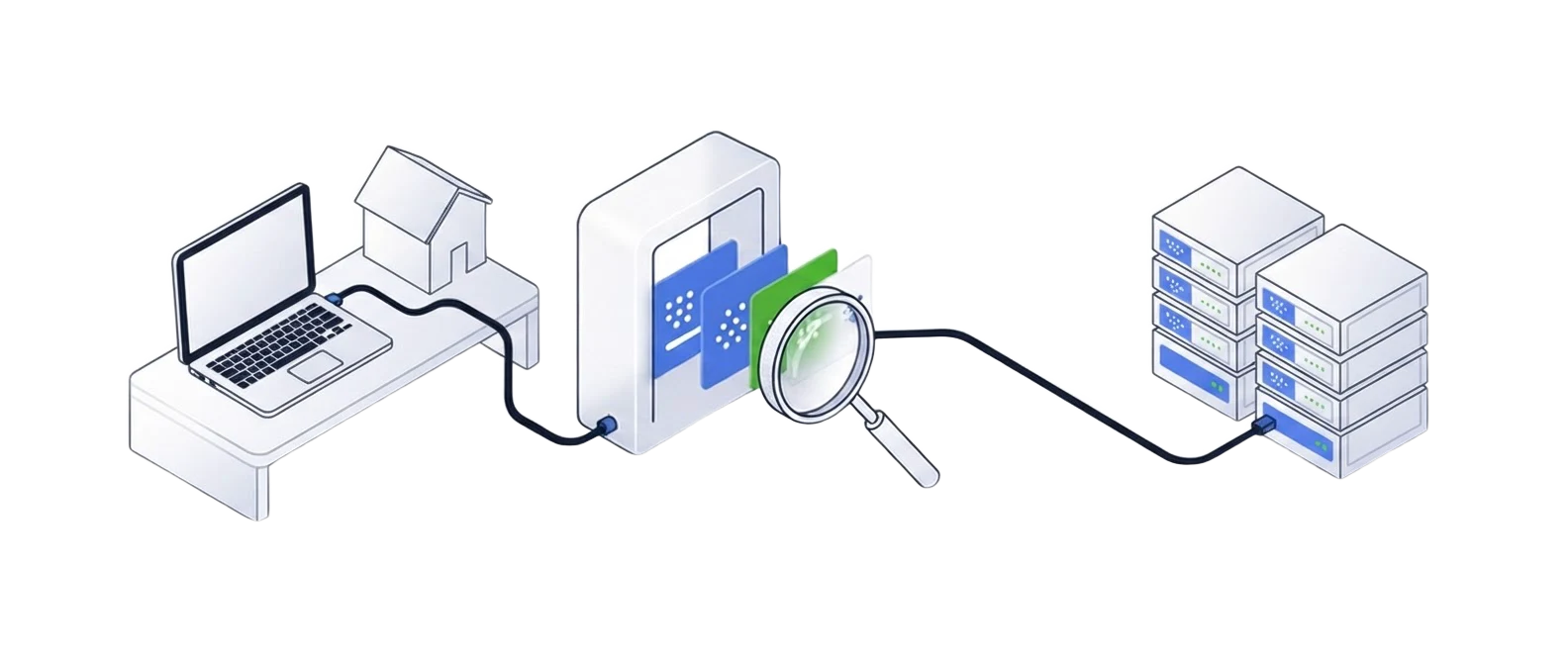 Illustration of a remote-work laptop connecting to a business network through an access gateway under examination.