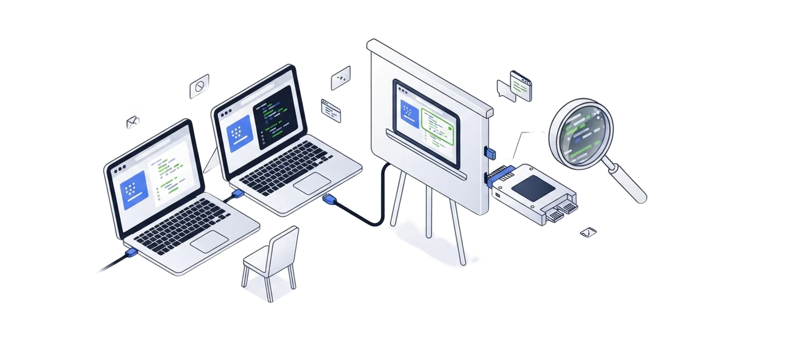 Illustration of a practical security workshop with training laptops and software examination.