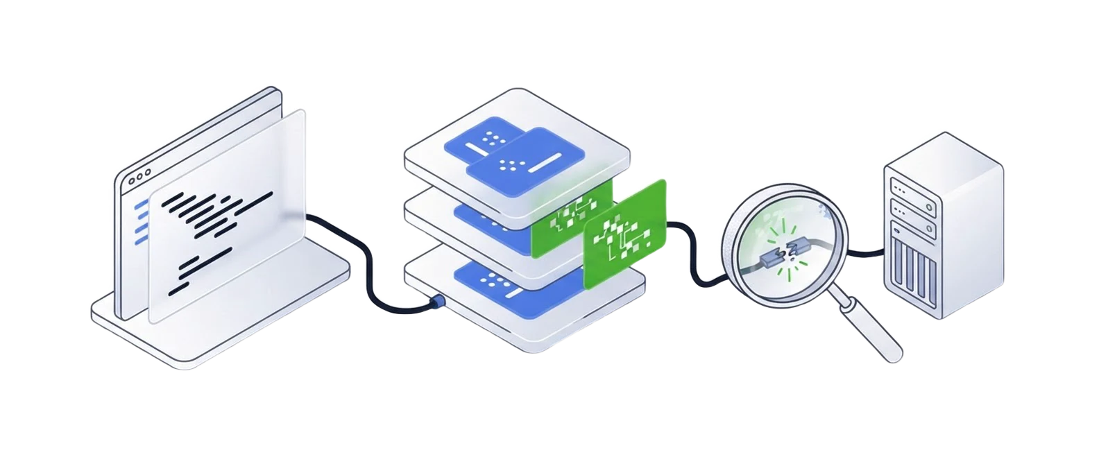 Illustration of source code and connected modules examined through a magnifying glass.