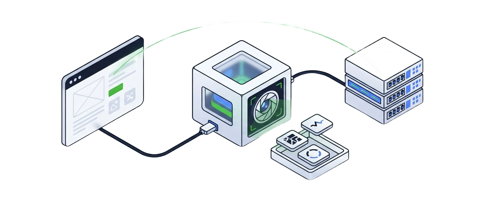 Illustratie van een scan van een webapplicatie en netwerkserver, met gevonden aandachtspunten.